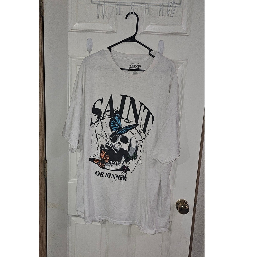 Popular Poison Mens 4XL White Saint or Sinner Skull Butterfly Graphic T-Shirt